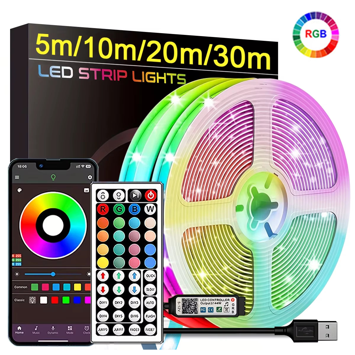 RGB Led Strip Lights 5M 10M 20M 30M Led Room Light with APP Control Flexible Ribbon Luces Led Tape for Room Bedroom Decoration