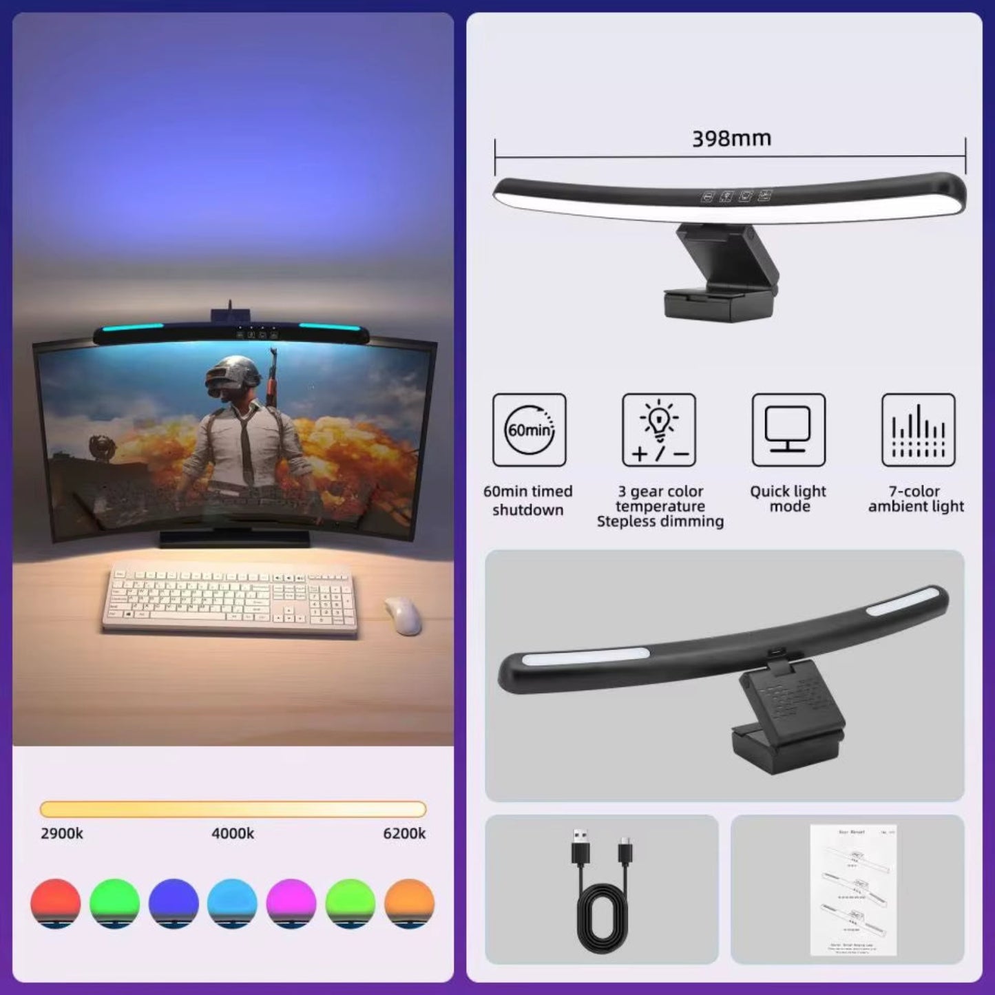 Screen Hanging Light 44CM CCT Touch Dimmable Monitor Notebook Computer LED Monitor Light for Computer Study LED Table Lamp